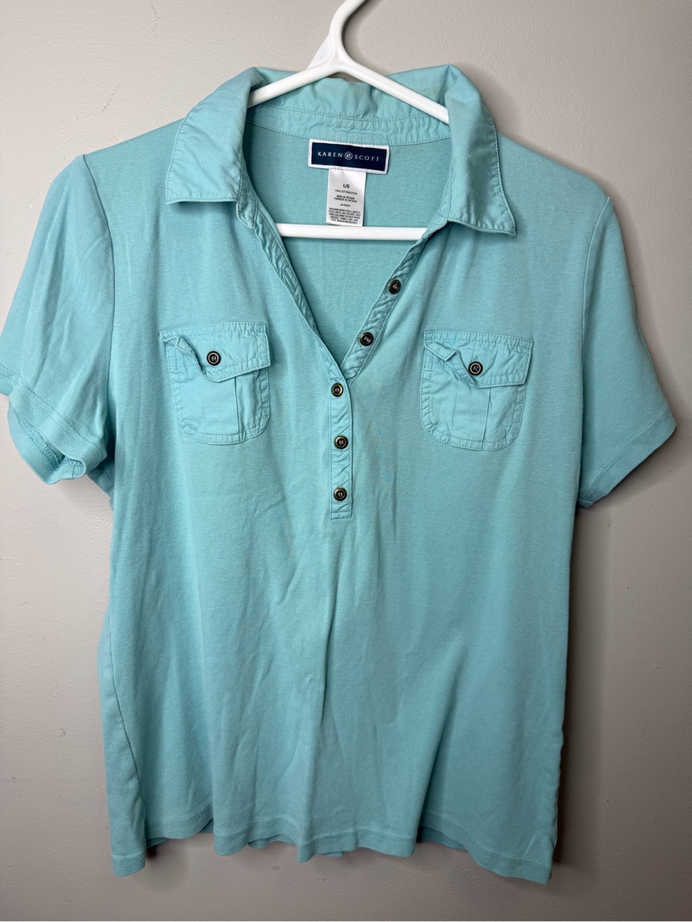 Karen Scott Aqua Button-Front Polo Top Women's Large